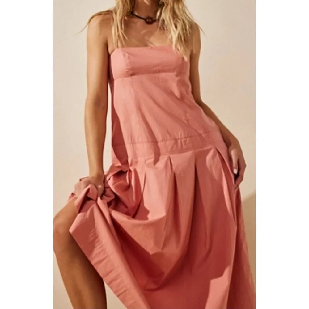 NWT Free People In My Town Pleated Midi Dress Large $108 Canyon Clay